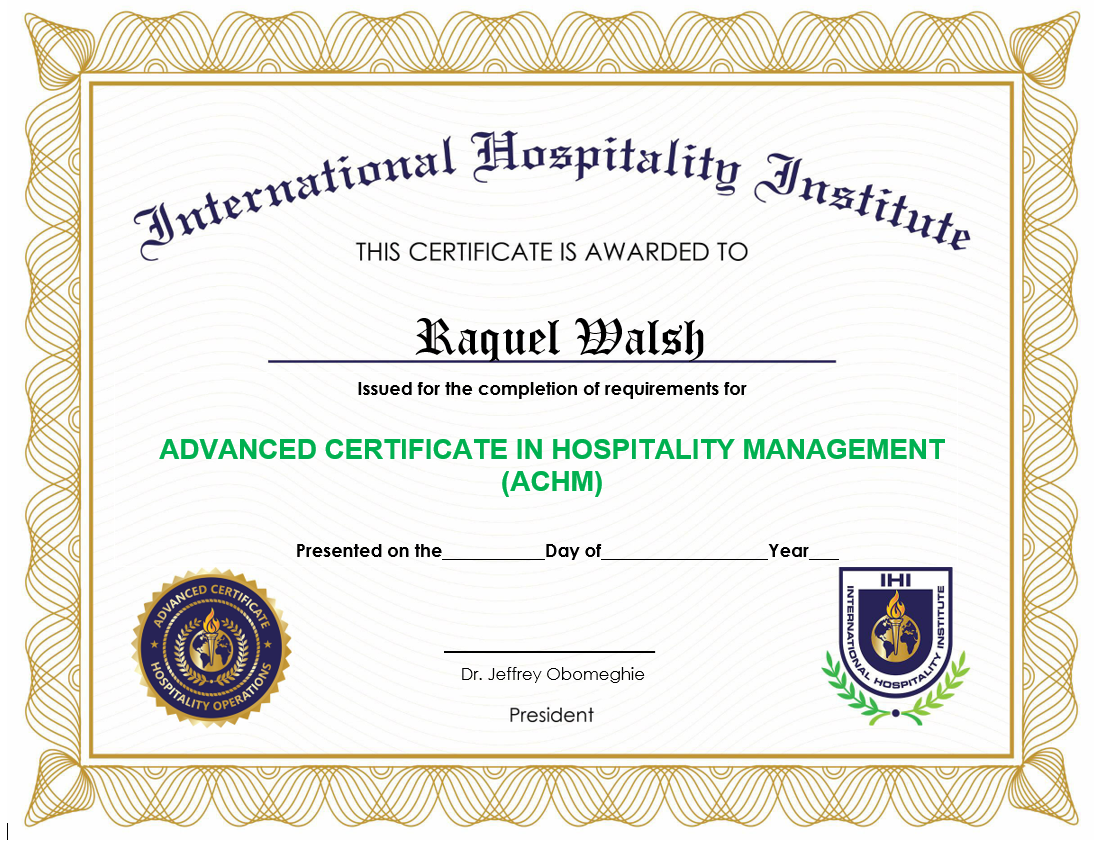 Advanced Certificate in Hospitality Management ACHM