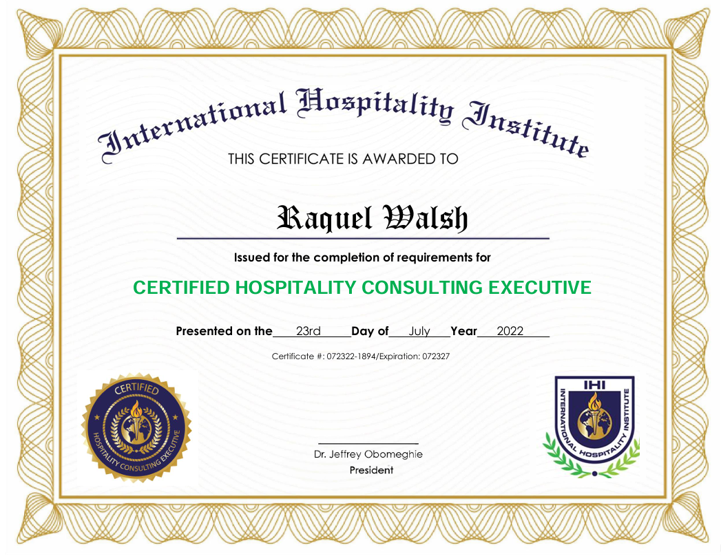 Certified Hospitality Consulting Executive (CHCE)